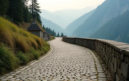 The historic cobblestone Tremola road on the Gotthard Pass.