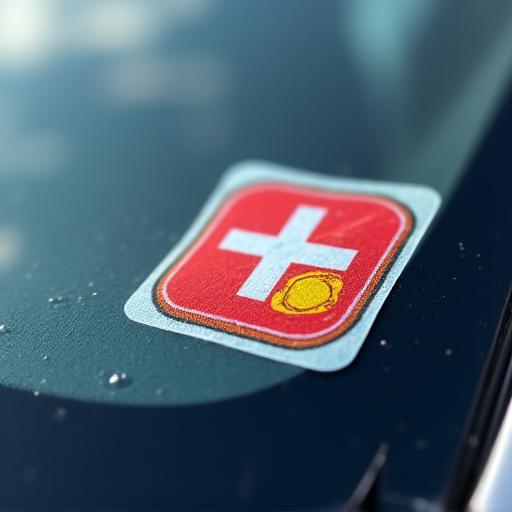 A close-up of the official Swiss motorway vignette sticker on a car windshield